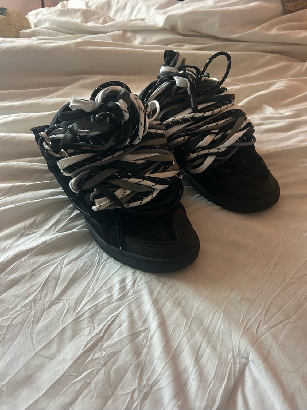 Lanvin Black and White Wrapped Lace High-Top Sneakers - Picture 3 of 9